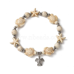 Starfish & Turtle Dyed Synthetic Turquoise Beaded Stretch Bracelets, Summer Alloy Charm Bracelets for Women, Antique White, Inner Diameter: 2-3/8 inch(6.1cm)(BJEW-JB10925-01)