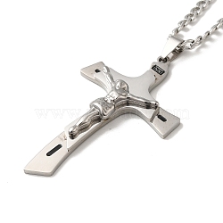 Non-Tarnish Cross with Jesus Pendant Necklaces, 304 Stainless Steel Curb Chain Necklaces, Stainless Steel Color, 23.62 inch(60cm)(NJEW-C043-02P)