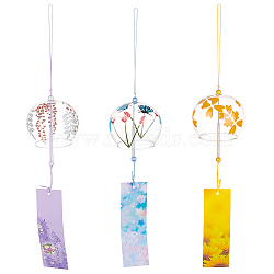 3Pcs 3 Style Japanese Glass Round Wind Chimes, Paper Blessing Hanging Pendant, for Garden Patio Balcony Decoration, Mixed Color, 390~395mm, 1pc/style(HJEW-BC0001-52)