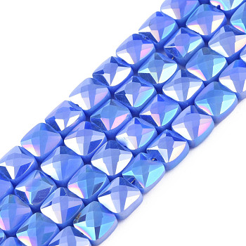 Electroplate Opaque Solid Color Glass Beads Strands, AB Color Plated, Faceted, Square, Royal Blue, 6.5x6.5x4.5mm, Hole: 1.2mm, about 97~99Pcs/strand, 25 inch(63.5cm)