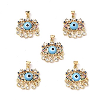 Lampwork Evil Eye Pendants with Colorful Cubic Zirconia, Real 18K Gold Plated Brass Findings, Lead Free & Cadmium free, Deep Sky Blue, 27x22.5x4.5mm, Hole: 4x3.5mm