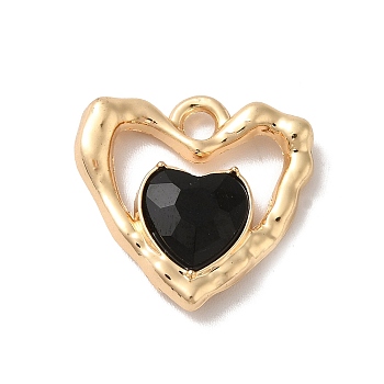 Rack Plating Alloy Pandants, with Glass, Nickel Free, Heart Charms, Golden, Black, 19x19x5mm, Hole: 2.3mm