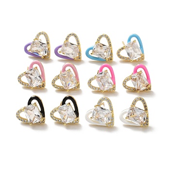 Clear Cubic Zirconia Heart Stud Earrings with Enamel, Real 18K Gold Plated Brass Jewelry for Women, Cadmium Free & Lead Free, Mixed Color, 13x15mm, Pin: 0.8mm