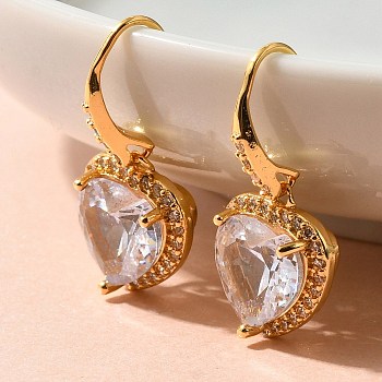 Brass Cubic Zirconia Dangle Earrings, Cadmium Free & Lead Free, Real 18K Gold Plated, 21x10.5mm