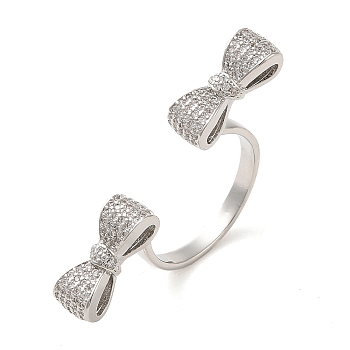 Brass Micro Pave Cubic Zirconia Cuff Rings, Bowknot, Platinum, US Size 9 3/4(19.5mm)