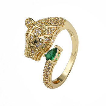 Cubic Zirconia Leopard Open Cuff Rings, Real 18K Gold Plated Brass Jewelry for Women, Nickel Free, Green, US Size 10 3/4(20.3mm)