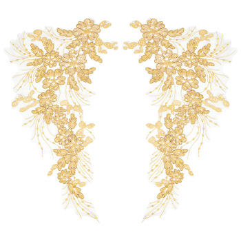 2Pcs 3D Flower Polyester Embroidery Lace Ornament Accessories, Sequin/Paillette Appliques, Gold, 426x235x1.5mm