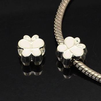Alloy Enamel Butterfly Large Hole European Beads, Silver Color Plated, White, 10x10x7mm, Hole: 4.5mm