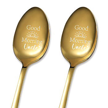 Stainless Steel Spoons Set, with Packing Box, Word Good Morning Uncle, Golden Color, Sun Pattern, 182x43mm, 2pcs/set