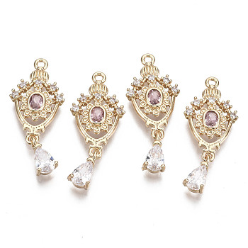 Brass Micro Pave Cubic Zirconia Links, with Glass, Long-Lasting Plated, Teardrop, Light Gold, Pink, 28x11.5x3mm, Hole: 1.2mm