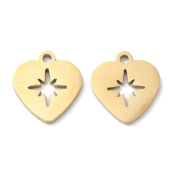 Ion Plating(IP) 316L Surgical Stainless Steel Charms, Heart with Star Charm, Laser Cut, Real 18K Gold Plated, 12x11x1mm, Hole: 1.2mm