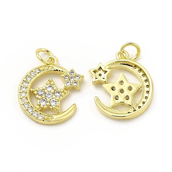 Brass Micro Pave Cubic Zirconia Pendants, with Jump Ring, Moon with Star Charm, Golden, 17.3x15.5x2.5mm, Hole: 2.5mm