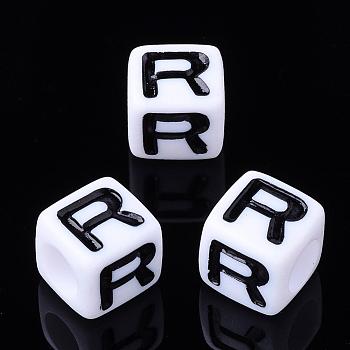 Acrylic Horizontal Hole Letter Beads, Cube, Letter R, White, Size: about 7mm wide, 7mm long, 7mm high, hole: 3.5mm, about 2000pcs/500g