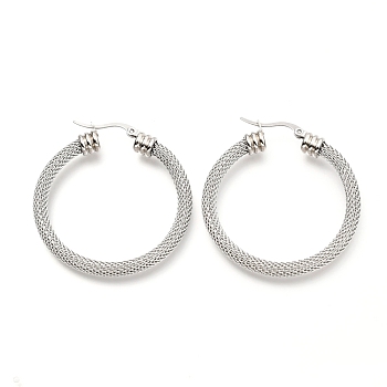 304 Stainless Steel Mesh Hoop Earrings, Round Ring Shape, Stainless Steel Color, 45x42x5.9mm, Pin: 0.7mm