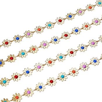 2M Brass Enamel Flower Link Chains, Long-Lasting Plated, Unwelded, Colorful, Golden, Flower: 13.5x10x2.5mm,, 2m/box