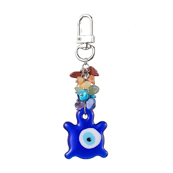 Evil Eye Blue Glass Pendant Decooration, 7 Chakra Natural & Synthetic Gemstone Chip Beads & Swivel Clasps Charms for Bag Ornaments, Turtle, 96mm