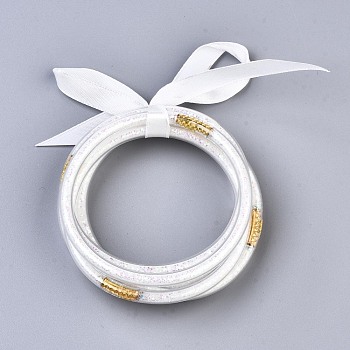 PVC Plastic Buddhist Bangle Sets, Jelly Bangles, with Paillette and Polyester Ribbon, White, 2-1/2 inch(6.5cm), 5pcs/set
