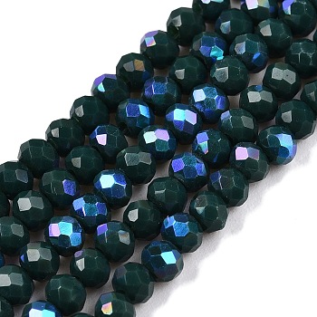 Electroplate Opaque Solid Color Glass Beads Strands, Half Rainbow Plated, Faceted, Rondelle, Teal, 3.5~3.8x3mm, Hole: 0.4mm, about 113~115pcs/strand, 32.5~33cm