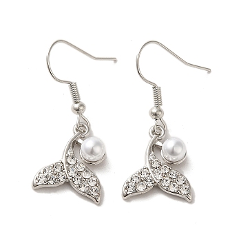 Whale Tail Shape Alloy Rhinestone Dangle Earrings, with Plastic Pearl, Platinum, 34x14mm