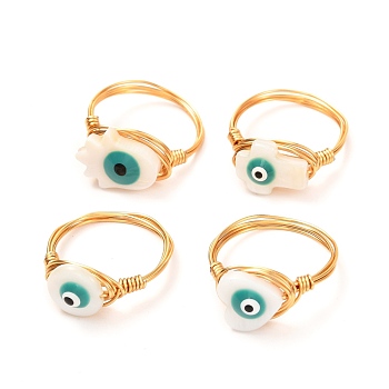 Evil Eye Natural Shell Finger Rings for Girl Women, Golden Brass Rings, Mixed Shape, White, US Size 6 3/4(17.1mm)