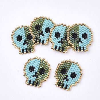 Handmade Japanese Seed Beads, with Nylon Wire, Loom Pattern, Sugar Skull, For Mexico Holiday Day of the Dead, Pale Turquoise, 23x20x1.7mm