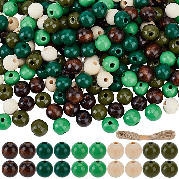 250Pcs 5  Colors Spray Painted Round Natural Schima Wood Beads, with 1Bundle Jute Twines, Mixed Color, 15.5~16mm, Hole: 3~5mm