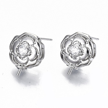 Brass Micro Pave Clear Cubic Zirconia Stud Earring Findings, for Half Drilled Bead, Nickel Free, Flower, Real Platinum Plated, 16x12.5mm, Pin: 0.8mm, Pin 1mm(for Half Drilled Bead)