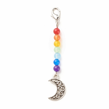 Chakra Theme Natural & Dyed Malaysia Jade Beaded Pendant Decorations, with Lobster Claw Clasps, Tibetan Style Alloy Pendants, Moon, Colorful, 64mm