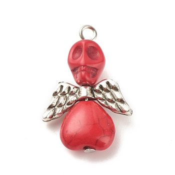 Halloween Dyed Synthetic Turquoise Pendants, with CCB Plastic Wings and Platinum Tone Iron Loops, Skull Angel, Red, 29x20x9mm, Hole: 2.5mm