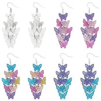 4 Pairs 4 Colors Brass Butterfly Dangle Earrings, Long Cluster Earrings for Women, Mixed Color, 78.5x29mm, 1 Pair/color