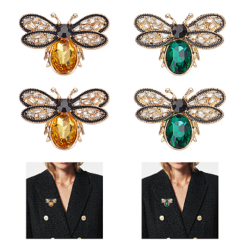 WADORN 4Pcs 2 Colors Bee Rhinestones Pin, Light Gold Tone Alloy Brooch for Backpack Clothes, Mixed Color, 26x37x7mm, 2pcs/color