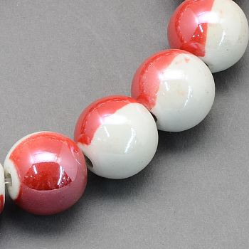 Handmade Two-tone Porcelain Round Beads, Pearlized, Orange Red, 9mm, Hole: 2mm