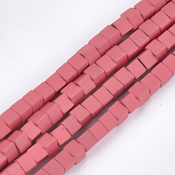 Spray Painted Non-magnetic Synthetic Hematite Beads Strands, Cube, Cerise, 4x4x4mm, Hole: 0.8mm, about 94~100pcs/strand, 15.5 inch~16.3 inch