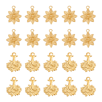 20Pcs 2 Style Ion Plating(IP) 304 Stainless Steel Pendants, Flower & Tree Charm, Golden, 20~21.5x16.5~17x1~1.2mm, Hole: 2~2.3mm, 10pcs/style