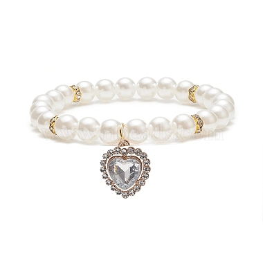 Acrylic Pearl Round Beaded Stretch Bracelet with Alloy Rhinestone Heart Charms for Women(BJEW-JB09232)-2