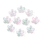 Baking Paint Transparent Glass Bead Caps, 5-Petal Flower, with Glitter Powder, Pink, 12~12.5x4.5~5mm, Hole: 1.2~1.4mm, about 1750pcs/1000g(DGLA-N014-06B-03)