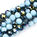 Electroplate Opaque Glass Beads Strands, Half Green Plated, Faceted, Rondelle, Light Cyan, 8x6mm, Hole: 1mm, about 60~62pcs/strand, 39~40cm(EGLA-A034-P8mm-S16)