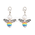 Alloy & Glass Pearl & Resin Pendants Decorations, with Alloy Lobster Claw Clasps, Angel, Antique Silver & Platinum, 55mm(HJEW-AL0057)