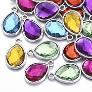 UV Plating Acrylic Pendants, with Acrylic Rhinestone, Faceted, Teardrop, Platinum, Mixed Color, 25x16x4.5mm, Hole: 2mm(X-OACR-T005-84P)