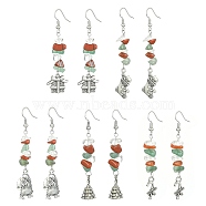 Christmas Theme Tibetan Style Alloy Dangle Earrings with Brass Pins, Natural Red Jasper & Green Aventurine & Glass Beaded Earrings, Mixed Shapes, 66~68x9~16mm(EJEW-JE05307)