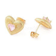 Rack Plating Brass with Cubic Zirconia Stud Earrings for Women, Cadmium Free & Lead Free, Long-Lasting Plated, Real 18K Gold Plated, Heart, Pearl Pink, 12x14mm(EJEW-G394-05G-05)