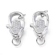 Brass Micro Pave Clear Cubic Zirconia Lobster Claw Clasps, with Jump Rings, Long-Lasting Plated, Hamsa Hand/Hand of Fatima /Hand of Miriam, Platinum, 17x10.5x5.9mm, Hole: 3.5mm(ZIRC-Q024-19P)