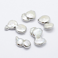 Natural Cultured Freshwater Pearl Beads, Edge Platinum Plated, Nuggets, White, 22~24x12~15x6~8mm, Hole: 0.5mm(PEAR-F006-60P)