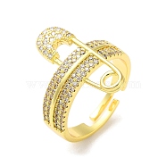 Safety Pin Shape Brass Crystal Rhinestone Adjustable Rings for Women, Golden, Inner Diameter: 18mm(RJEW-P112-01G)