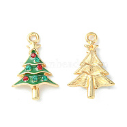 UV Plating Alloy Pendants, with Rhinestone, Christmas Tree Charms, Light Gold, Green, 22.5x14.5x3.5mm, Hole: 1.6mm(ALRI-D047-14LG)