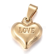 Valentine's Day 201 Stainless Steel Charms, Heart with Word Love, Golden, 13x11.5x4mm, Hole: 4.5x3mm(STAS-I159-02B-G)