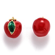 Brass Enamel Charms, with Jump Ring, Long-Lasting Plated, Real 18K Gold Plated, Apple, Red, 12x11x9.6mm, Hole: 2.8mm(X-KK-O140-03G)