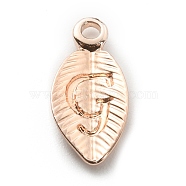 Alloy Pendants, Leaf with Letter Charm, Rose Gold, Letter.G, 15.5x7.5x2.5mm, Hole: 1.5mm(FIND-TAC0011-69G-RG)