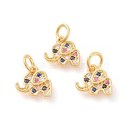 Brass Micro Pave Cubic Zirconia Charms, Elephant, Colorful, Golden, 10x11x2mm, Hole: 4mm(X-ZIRC-F106-08G)