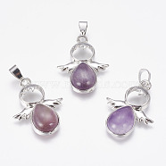 Natural Amethyst Pendants, Angel, with Brass Finding, Platinum, 34x25.5x6.5mm, Hole: 4x7mm(G-E467-33H)